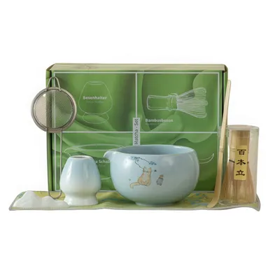 Produktbild von Matcha Teeschale Set,7-teilig, Keramik Schale 600ml, Bambus Chasen und Löffel, Sieb, Halter und Zubehör,Blau