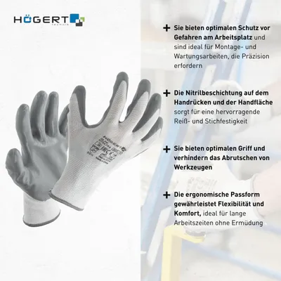 Produktbild von Högert Technik GLAN Nitrilbeschichtete Schutzhandschuhe, weiß/grau, Größe 9, reiß- und stichfest, ideal für präzise Montagearbeiten, umweltfreundlich