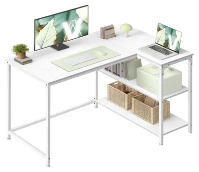 Obrázek produktu pro Rohový psací stůl ve tvaru "L" s nastavitelnou policí | Jasan, barva bílá | 110x80x76 cm