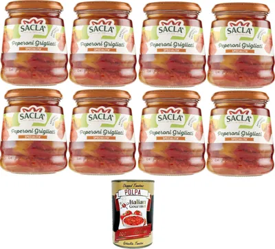 Produktbild von Saclà,Peperoni Grigliati, gegrillte Gurken, gegrillte Paprika, ideal für Vorspeisen, Beilagen und für Ihre Zubereitungen,8x290gr + Italian Gourmet polpa 400g