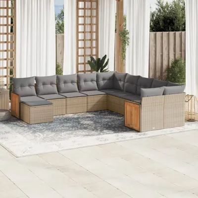 Produktbild von Design 11-tlg. Garten-Sofagarnitur mit Kissen Beige Poly Rattan, Gartenmöbel-Sets 2024 Neu
