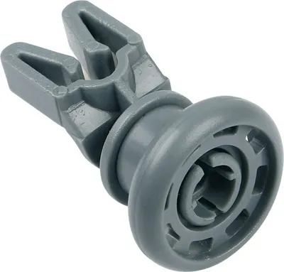 A single gray plastic dishwasher rack roller with a U-shaped clip and a circular wheel.