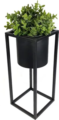 Produktbild von Schwarzer Metall-Blumentopfständer mit runder Schale - 35 cm - Eckiger Pflanzenständer