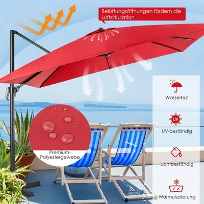 Zdjęcie produktu dla Parasol z 3 stopniami nachylenia do ogrodu, tarasu, kawiarni, 300 x 300 x 273 cm, kolor wino czerwony