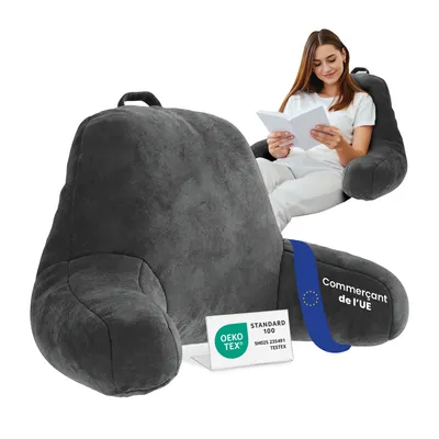 Image de Coussin de dossier ELONEO, coussin de lecture pour lit et canapé avec accoudoirs – Idéal comme soutien dorsal pour plus de maintien et de confort, gris