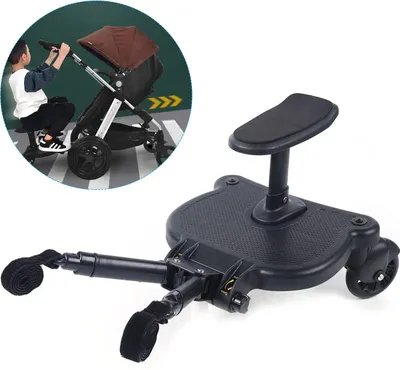 Produktbild von Universal Kinderwagen-Mitfahrbrett, 2‑in‑1 Buggy Board mit Sitz und Rollen, schwarz
