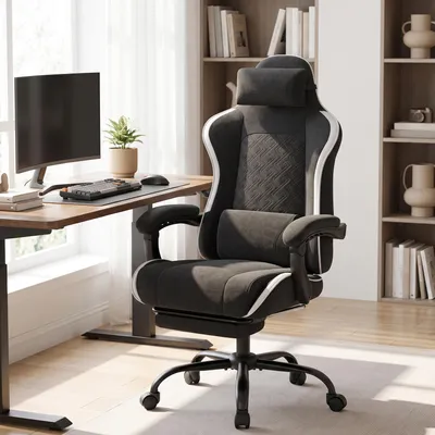 Obrázek produktu pro SONGMICS, herní křeslo, kancelářská židle, ergonomická, sedák s pérováním, podnožka, područky, černá barva