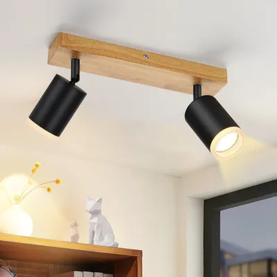 Immagine prodotto di ZMH faretto da soffitto nero a 2 fiamme - lampada da cucina GU10 faretto da parete in legno 350°rotativo faretto da corridoio vintage retro industriale senza lampadine
