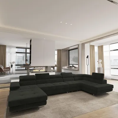 Produktbild von Masseno Ecksofa VELORA R-S mit Schlaffunktion U-Form, Sofa mit Bettkasten, Wohnzimmersofa, Couch, Soffa, Bettsofa, Couchgarnitur- Schwarz, MONOLITH 95