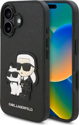 Image de Karl Lagerfeld, Étui pour iPhone 16 Plus Saffiano Karl & Choupette Design, Noir