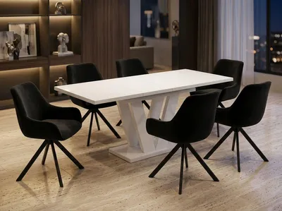 Produktbild von ENDO-Möbel Essgruppe "Lara White" - Esstisch ausziehbar 130-210cm in Weiss Hochglanz für 6 Personen mit Stühlen in Schwarz-Samt