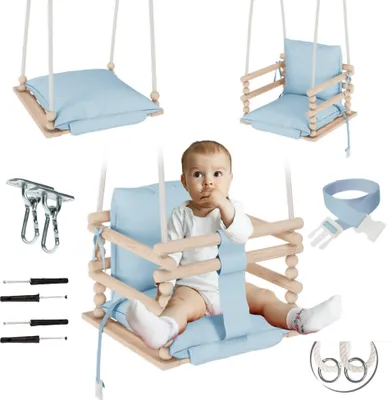 Zdjęcie produktu dla MAMOI® Huśtawka dziecięca 3 w 1 + PAS BEZPIECZEŃSTWA | Regulacja wysokości 190-260cm | Drewniana huśtawka dla dzieci | Wewnętrzna huśtawka dla dzieci