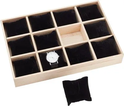 Produktbild von Holz-Watch-Organizer mit 12 Fächern - Armbandhalter mit abnehmbaren Samt-Kissen - stapelbare Schmuckarmbänder - Ladestation-Box - Watch-Display-Kasten - Schwarz
