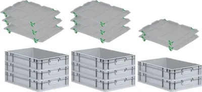 Produktbild von SuperSparSet 8x Eurobox NextGen Grip mit Auflagedeckel inkl. 4 grünen Schiebeschnappverschlüssen | HxBxT 12x40x60cm | 23 Liter | Grau | Griffe geschlossen | Glatter Boden | Eurobehälter, Transportbox, Transportbehälter, Stapelbehälter