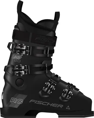 A studio shot of a black ski boot.