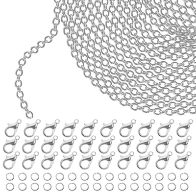 Produktbild von Kurtzy Silberne Kette zum Ketten Selber Machen - 10m x 2,5mm Eisen Gliederkette Silber, 30 Karabinerhaken & 30 Geteilte Sprungringe - DIY Ketten,