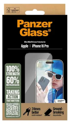 Produktbild von PanzerGlass ® Displayschutz iPhone 16 Pro | Ultra-Wide Fit, Apple, Apple - iPhone 16 Pro, Trockene Anwendung, Kratzresistent, Schockresistent, Transparent, 1 Stück(e)