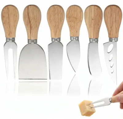 Image de Ensemble de couteaux à fromage - 6 pièces, en acier inoxydable avec des manches en bois de teck