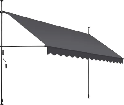 A dark gray awning extended from a support pole, with a crank mechanism visible on the pole.