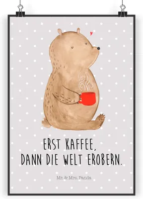 Produktbild von Mr. & Mrs. Panda Bild Bär Kaffee DIN A3 - Grau Pastell - Geschenk, Wanddekoration, Wandbild, Motivation, wanddeko, Coffee, drucke, Guten Morgen, Bären, Teddy, Plakat