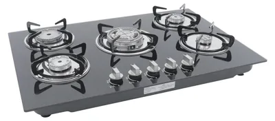 Image de Plaque de cuisson gaz encastrable - 5 brûleurs - Verre trempé - 77 x 51 cm - Emplacement de découpe : 73 x 47 cm - Noir