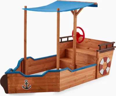 Produktbild von HOME DELUXE - Sandkasten MATSCHEKISTE - Segelschiff inkl. Bodenplane und Dach - Maße: 160 x 78 x 103 cm - inkl. Montagematerial I Holzsandkasten Piratenboot Sandbox