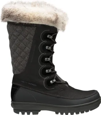 A single black winter boot with fur trim is shown against a white background.