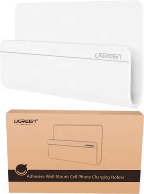 A white smartphone wall mount charging holder is shown above its packaging box.