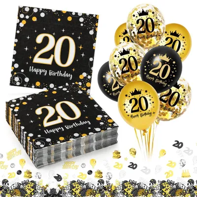 Servietten 20. Geburtstag, 30 Stück + 18 Luftballons, Konfetti-Set