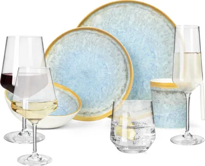 Produktbild von Melamin Camping Geschirr Set 4 Personen Crystal Blue + 16 Milano Gläser Wassergläser Weingläser Champagner-Gläser Flûtes Tafelgeschirr Picknick BBQ Kochgeschirr