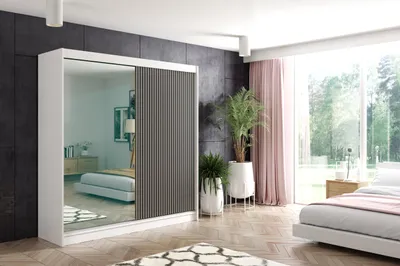 Produktbild von ALTDECOR Kleiderschrank mit Spiegel und Lamel-Schiebetüren, kugelgelagerte Führungsschienen und Aluminium-Leisten, LED-Beleuchtung und Fernbedienung - VILO - 200 cm - Weiß/Lamelle Schwarz