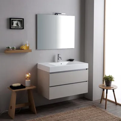 Produktbild von Badezimmermöbelset 90 cm: Unterschrank, Waschtisch, Spiegel, Led-Lampe | Valentina