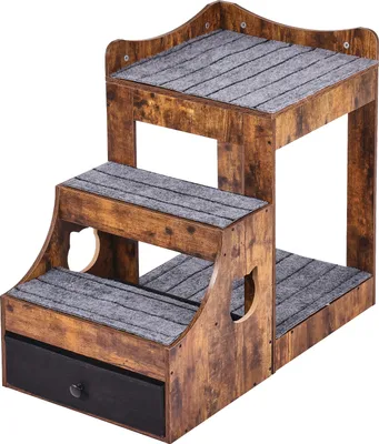 Immagine prodotto di SucceBuy letto a castello rustico marrone per animali domestici con scale rimovibili, sedile a finestra a più livelli per cani e gatti, con spazio di archiviazione e per uso interno, comoda piattaforma di seduta per animali domestici