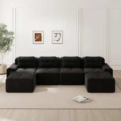 Produktbild von MODFU 4-Sitzer Modulares Sofa Cord mit Schlaffunktion,U-förmiges Big Sofa mit Geschwungene Rückenlehne und 2 Ottoman,Schlafsofa,Schwarz