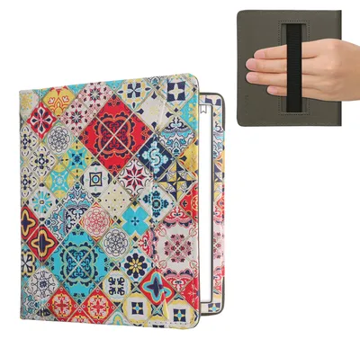 Produktbild von kwmobile Flip Hülle kompatibel mit Onyx Boox Leaf 2 - Vorderfach Handschlaufe - Holz Marokkanische Fliesen Mehrfarbig Braun
