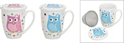 Produktbild von Teebecher Eule mit Deckel und Metallsieb sortiert 300 ml 10cm weiß/rosa/blau