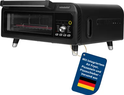 A black electric pizza oven with a tag attached.