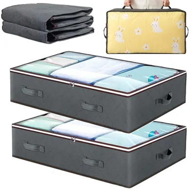 Produktbild von 2er-Set Unterbett-Aufbewahrungstaschen 75 l, 100 x 50 x 18 cm, grau, für Bettwäsche, Kleidung und Textilien mit Sichtfenster, KI-generiertes Bild