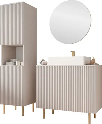 Produktbild von MIRJAN24 Badmöbel-Set Nubia III, Badezimmer-Set mit Spiegel (Farbe: Cashmere, Ohne Siphon, Ohne Waschbecken)