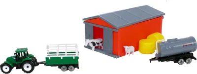 Produktbild von Kinderspielzeug Traktor, Trecker in grün mit Anhänger + Güllewagen, Stall mit 4 Schiebetüren, Kuh, Schaf, 2 Strohballen