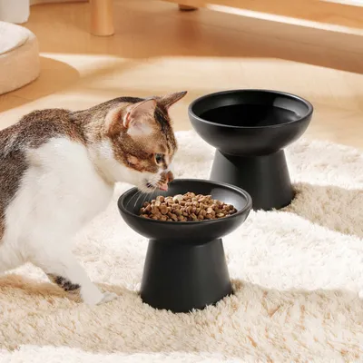 Produktbild von 2-tlg Fressnapf aus Steingut, erhöhter Futternapf für Haustiere, Hundenäpfe, Katzen-Futternäpfe, schwarz