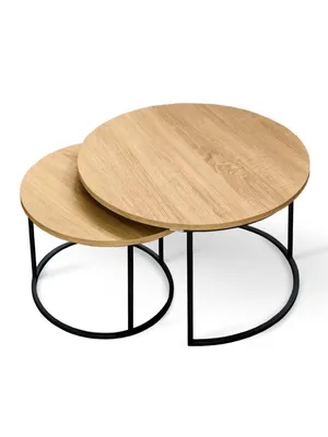 Produktbild von holz4home® Couchtisch 2er-Set MDF Sonoma Eiche I Runder Beistelltisch im Industrial Style I Metallrahmen Pulverbeschichtet I Wohnzimmertisch Kombi