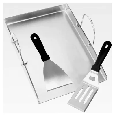 Produktbild von Edelstahl Grillplatte 30x40 cm mit 2 Grillspachteln, Universal Plancha für Holzkohle- und Gasgrills, 4 mm dicke Grillplatte mit abnehmbaren Griffen