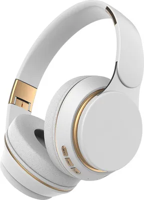 A white and gold pair of over-ear Bluetooth headphones is shown against a white background.
