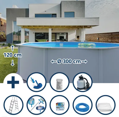 Produktbild von Stahlwandpool Set (9-teilig) hoch rund Eco 300 x 120 cm, Stahl 0,4 mm weiß Folie 0,3 mm blau