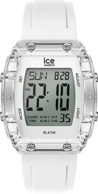 A white Ice-Watch digital watch with a clear plastic case is shown against a white background.