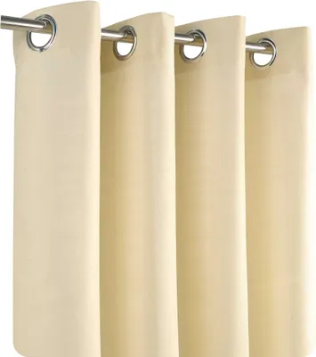 Four cream-colored curtains with grommets hanging from a metal rod.