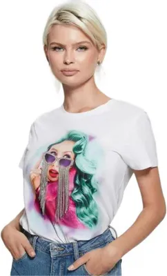 Obrázek produktu pro Dámské tričko Guess SS Fringe Glasses z bavlny v bílé barvě, velikost XS - Módní, pohodlný design s jedinečným potiskem brýlí a elegantními třásněmi pro ženy, které si potrpí na styl.