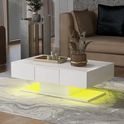 Zdjęcie produktu dla Stolik kawowy Merax z oświetleniem LED i 2 szufladami, drewniany stolik boczny z blatem o wysokim połysku, stolik do salonu, 100x60x35 cm, biały