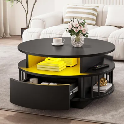 Produktbild von YITAHOME Couchtisch rund mit LED, Wohnzimmertisch mit Stauraum und 2 Schubladen, 70 cm, Schwarz